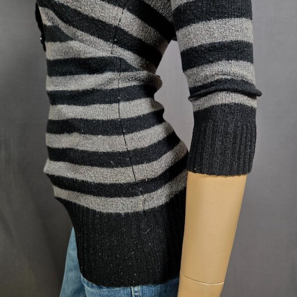 Y2K Striped Hooded Skinny Sweater Size S Emo Grunge Gray Black Long Henley - Picture 5 of 9